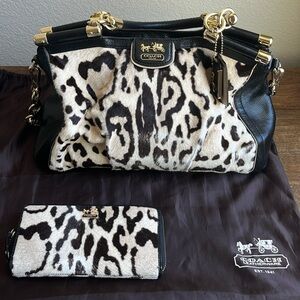 Coach Madison Hair Calf Ocelot Carry with Matching  Zip Around Accordion Wallet